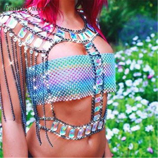 Sexy Tassel Metal Chain Tank Top Women Luxurt Crystal Sequined Short Party Club Wear Crop Top