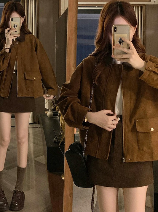 Chic Melange Brown Suede Jacket, Casual Short Top