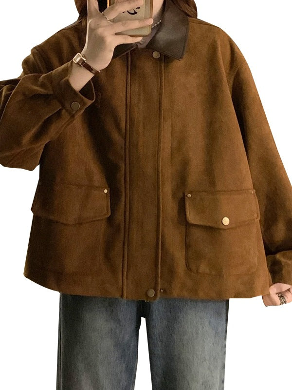 Chic Melange Brown Suede Jacket, Casual Short Top