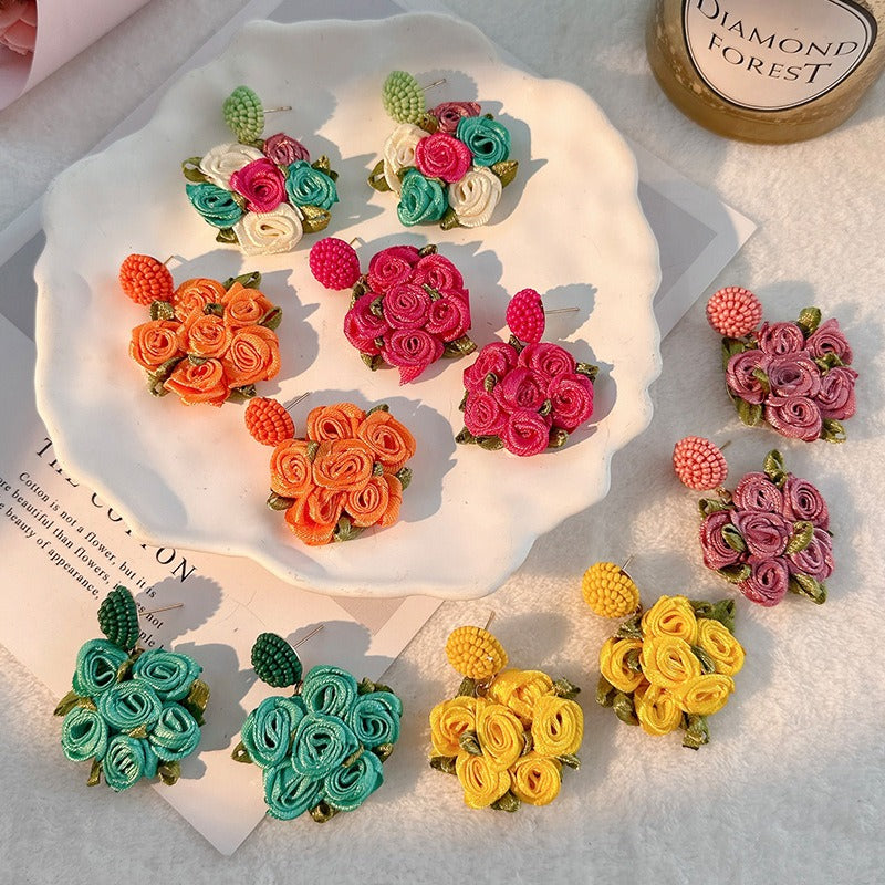 Sen series handmade fabric rose flower earrings