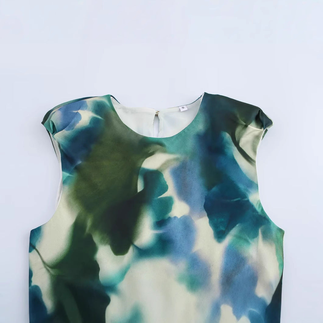 Summer fashion temperament silk texture printed MIDI dress for women