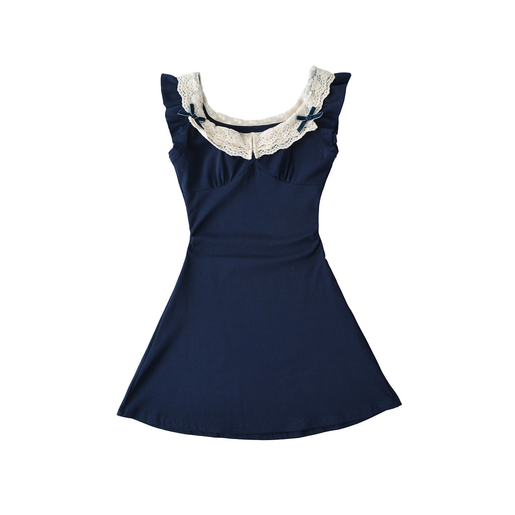 Lace Flutter Sleeve Dress Women Summer Waist A-line Short Skirt
