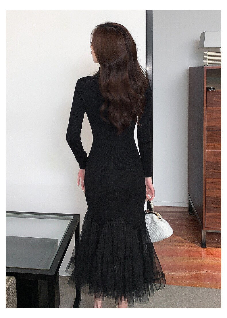 Designer Stylish Black Midi Dresses For Women Patchwork Ruffles Mesh Ruched Slimy Mermaid Party Dress