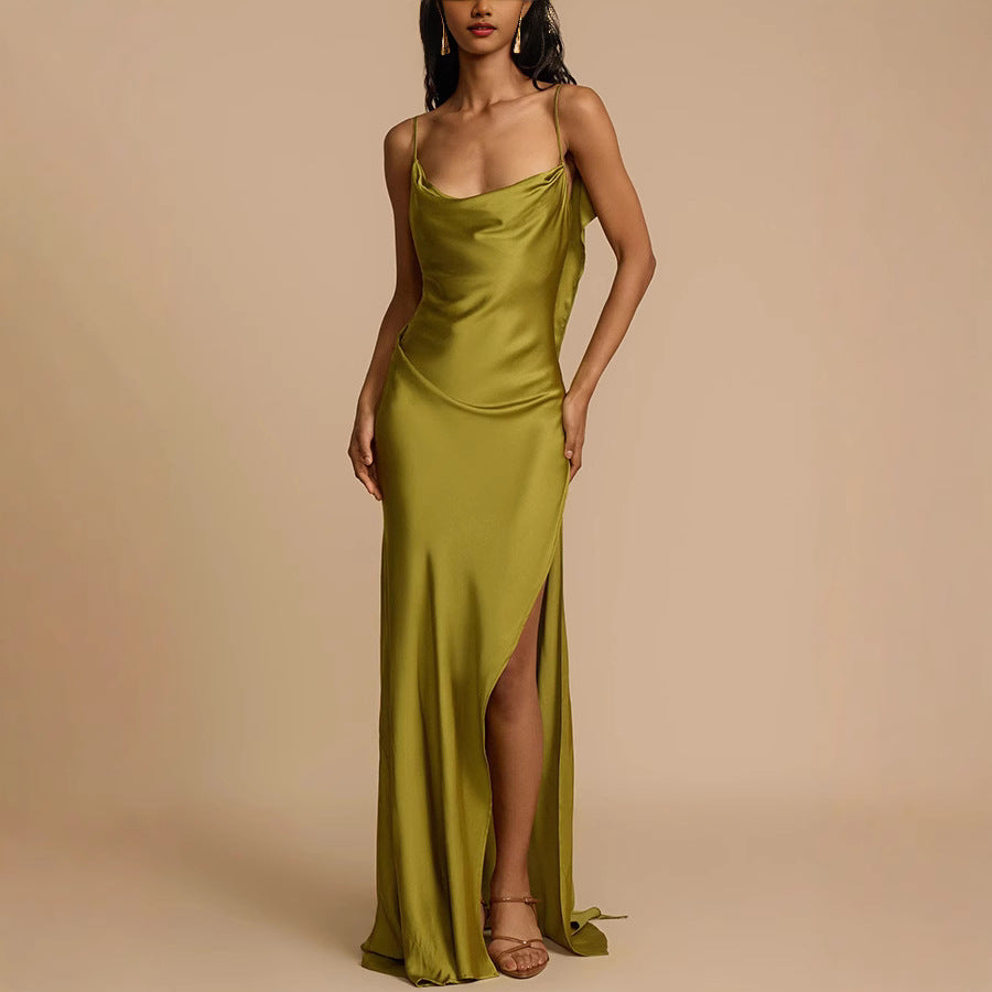 Chic Satin Strap Dress with Slit - Loose Casual Vacation Style for Women