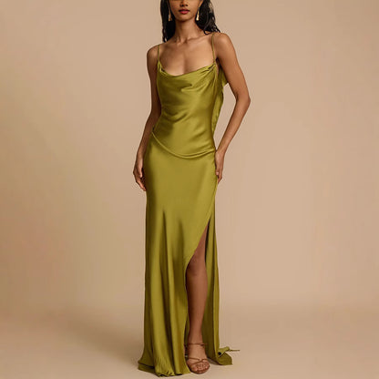 Chic Satin Strap Dress with Slit - Loose Casual Vacation Style for Women