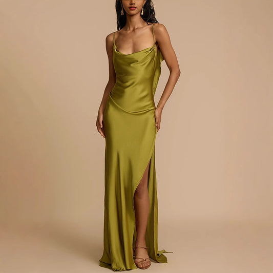 Chic Satin Strap Dress with Slit - Loose Casual Vacation Style for Women