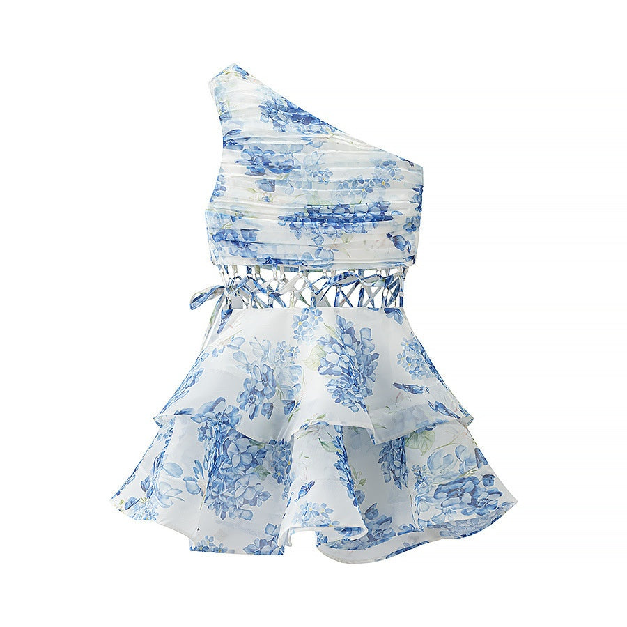 Single shoulder waist hollow waist collection floral dress for women