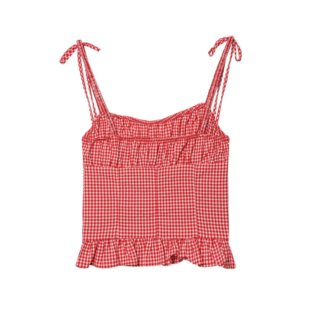 Round neck plaid pleated camisole top