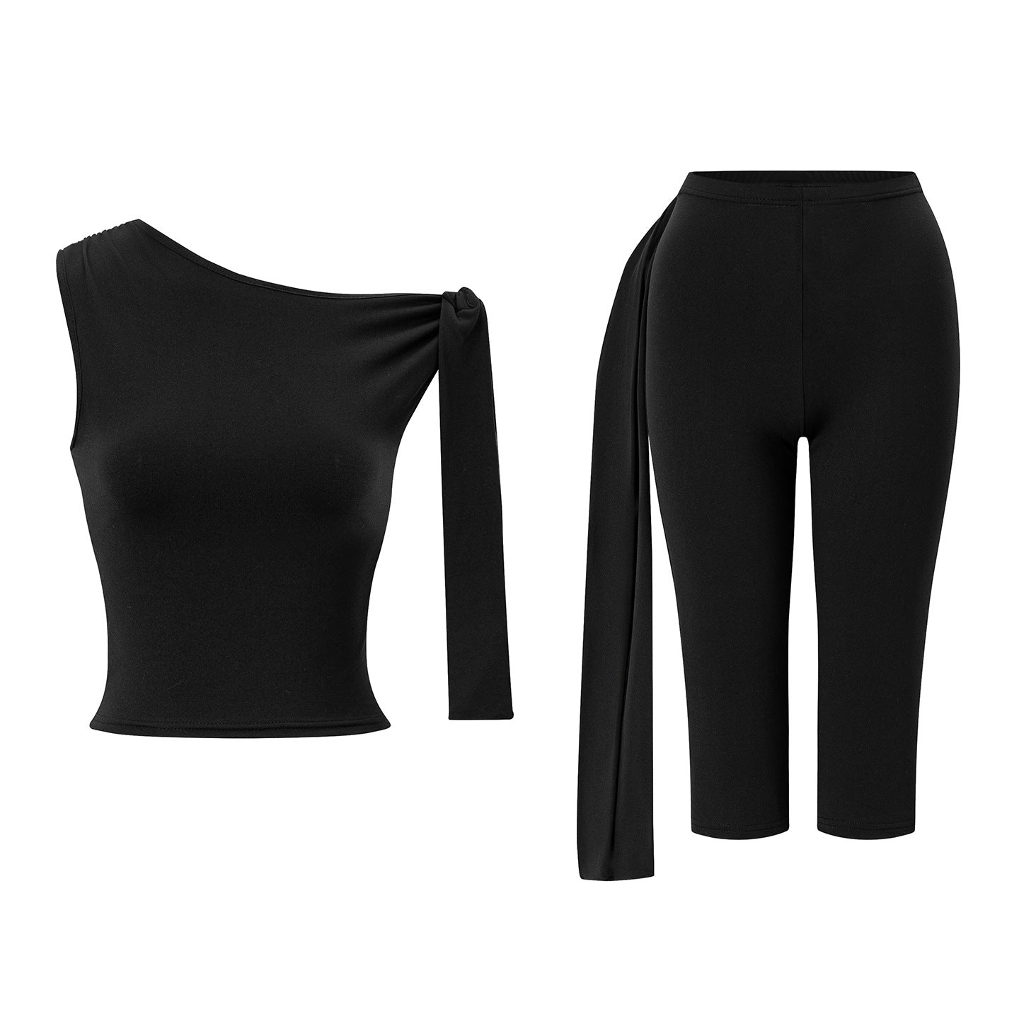 Slant neck solid color sleeveless top slim fit lace up shorts set