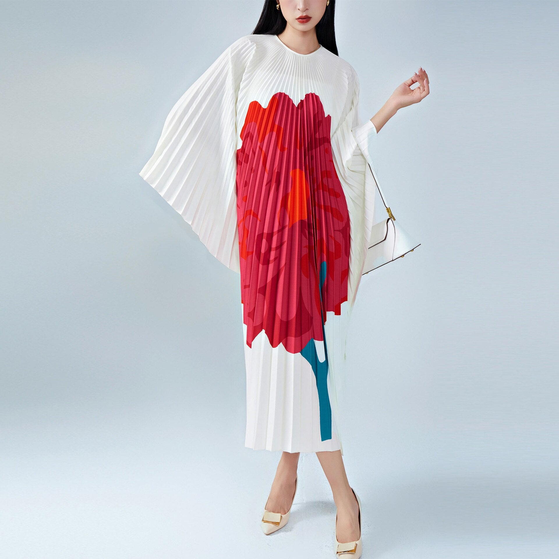 Printed Irregular Pleated Dress For Women Round Neck Batwing Sleeves Designer Dresses Casual Summer New 2YA3393