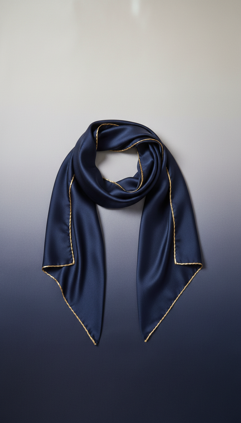 Midnight Navy Silk Scarf With Gold Trim