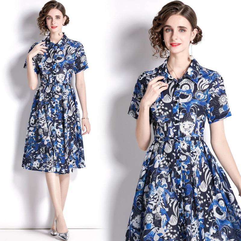 Blue Floral Printed Blouse Dress Women Turn-Down Collar Casual Short Sleeve High Waist Designer Traf Midi Dresses Party Clothes
