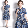 Blue Floral Printed Blouse Dress Women Turn-Down Collar Casual Short Sleeve High Waist Designer Traf Midi Dresses Party Clothes