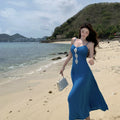 Charming Vacation Style Blue Knit Strapless Dress for Women Summer