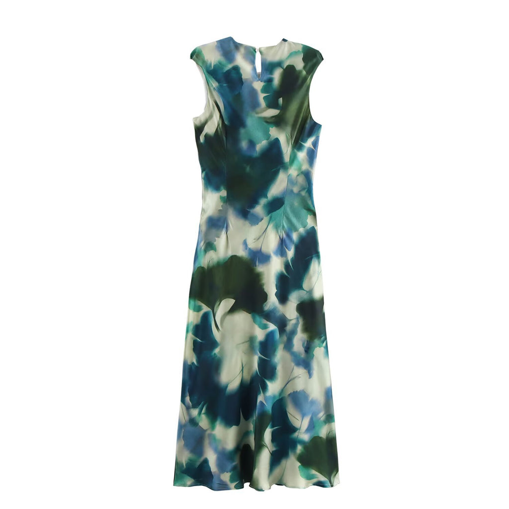 Summer fashion temperament silk texture printed MIDI dress for women