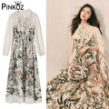 Celebrity Designer Style French Tropical Floral Printed Loose Midi Dress Women Autumn Winter Long Sleeve Dresses