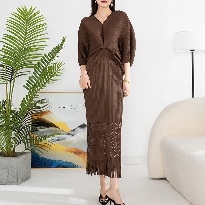OFF high quality solid designer v-neck office work ladies maxi dresses for women new in zevity batwing sleeve elegant party robe