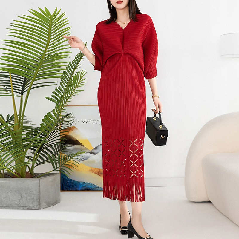 OFF high quality solid designer v-neck office work ladies maxi dresses for women new in zevity batwing sleeve elegant party robe