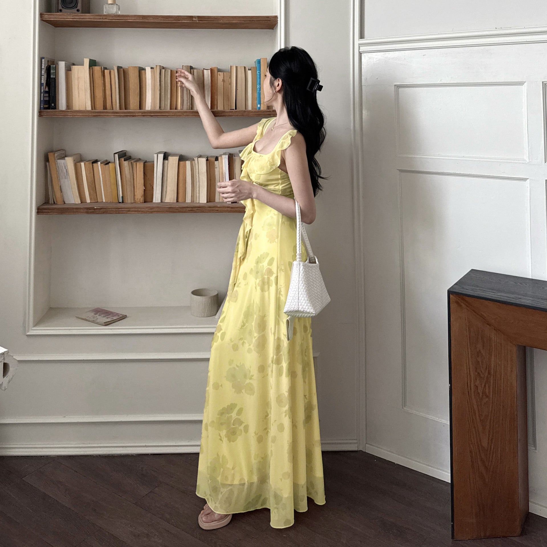 Lotus leaf edge printed summer sweet waist cinching dress for women