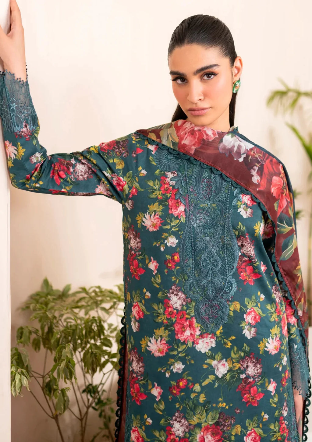 "Elegant Floral Embroidered Lawn 3-Piece Unstitched Suit with Chiffon Dupatta | Summer Collection"