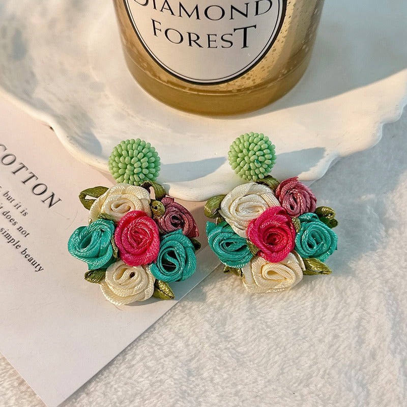 Sen series handmade fabric rose flower earrings
