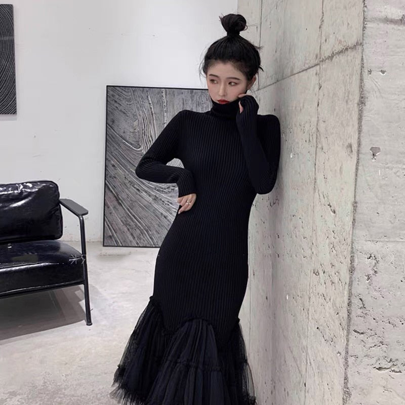Designer Stylish Black Midi Dresses For Women Patchwork Ruffles Mesh Ruched Slimy Mermaid Party Dress
