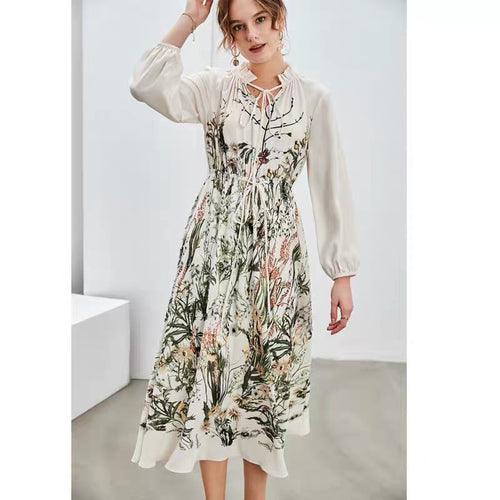 Celebrity Designer Style French Tropical Floral Printed Loose Midi Dress Women Autumn Winter Long Sleeve Dresses