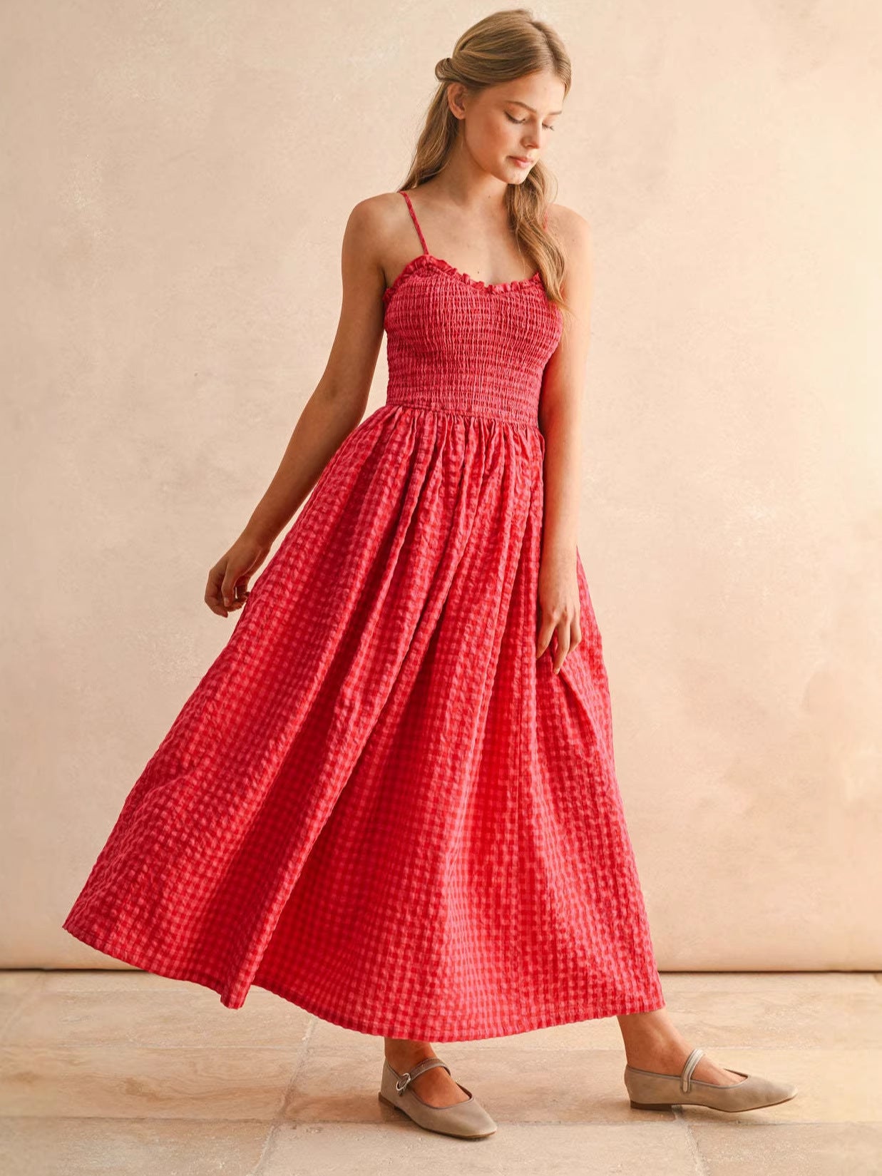 Summer Strap Retro Plaid A-line Slimming Dress for Women with Waist