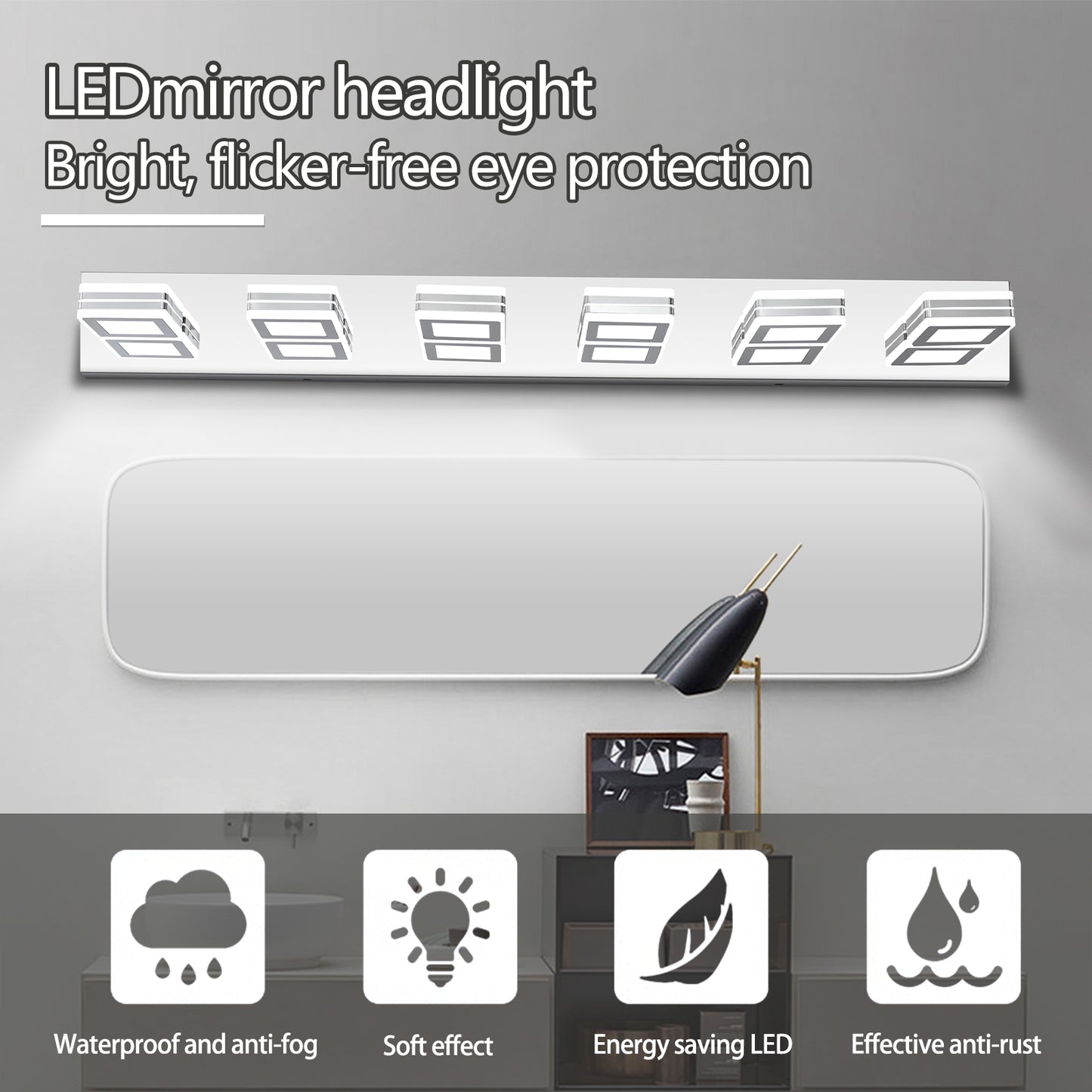 مصباح مكياج عصري LED كروم، مصباح مرآة مكياج 6 مصابيح أكريليك كروم