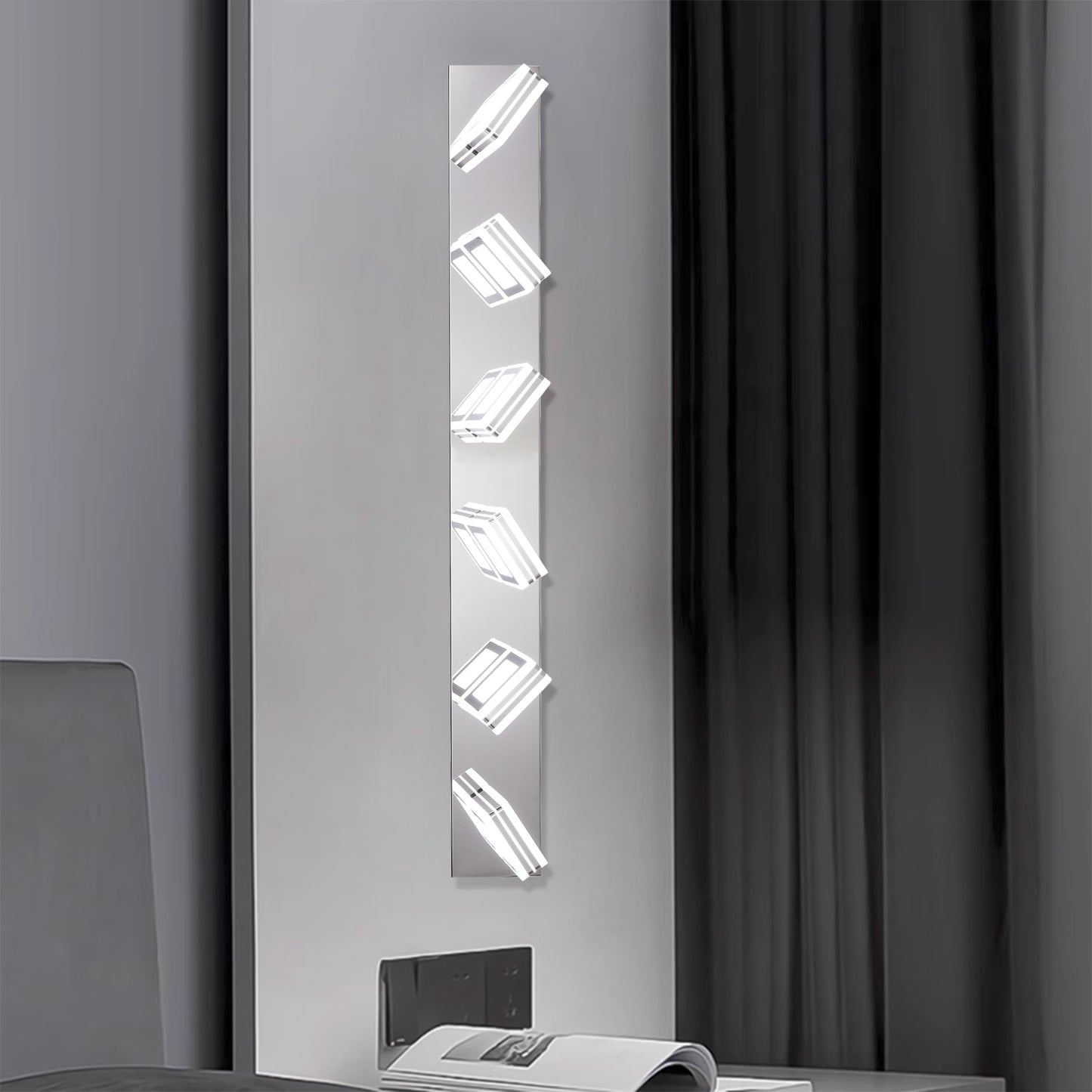 مصباح مكياج عصري LED كروم، مصباح مرآة مكياج 6 مصابيح أكريليك كروم