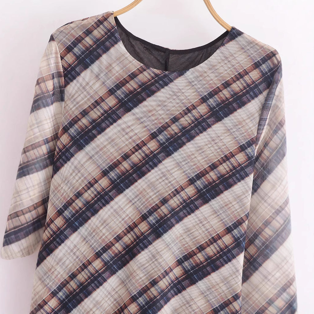 Summer European and American fashion casual plaid silk mesh dress for women