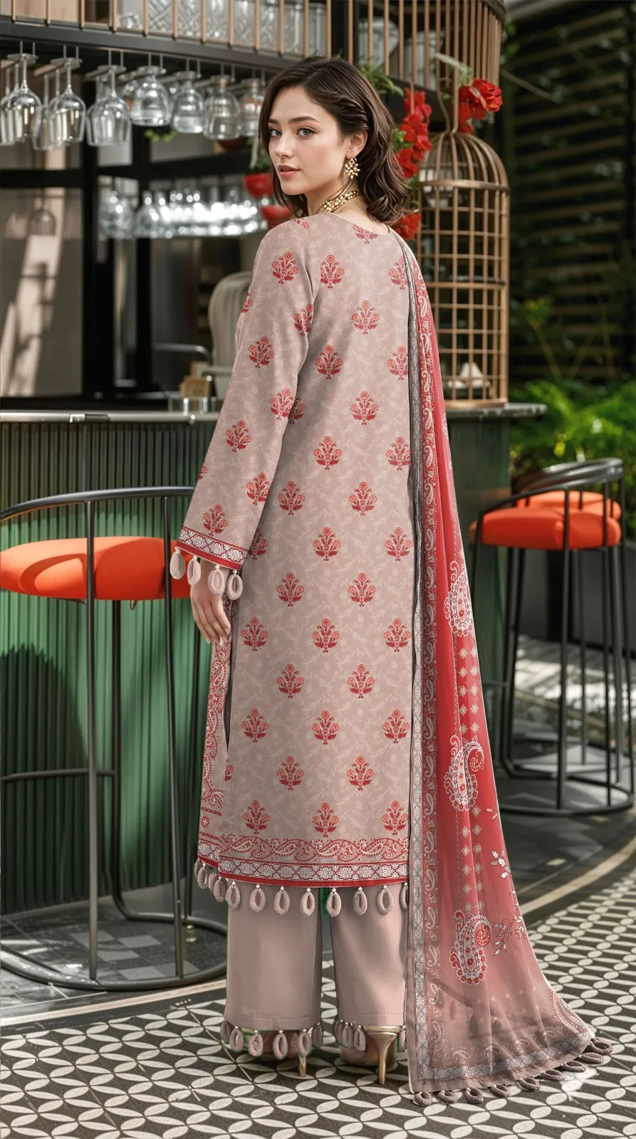 stunning Peach Printed Lawn 3-Piece Set,