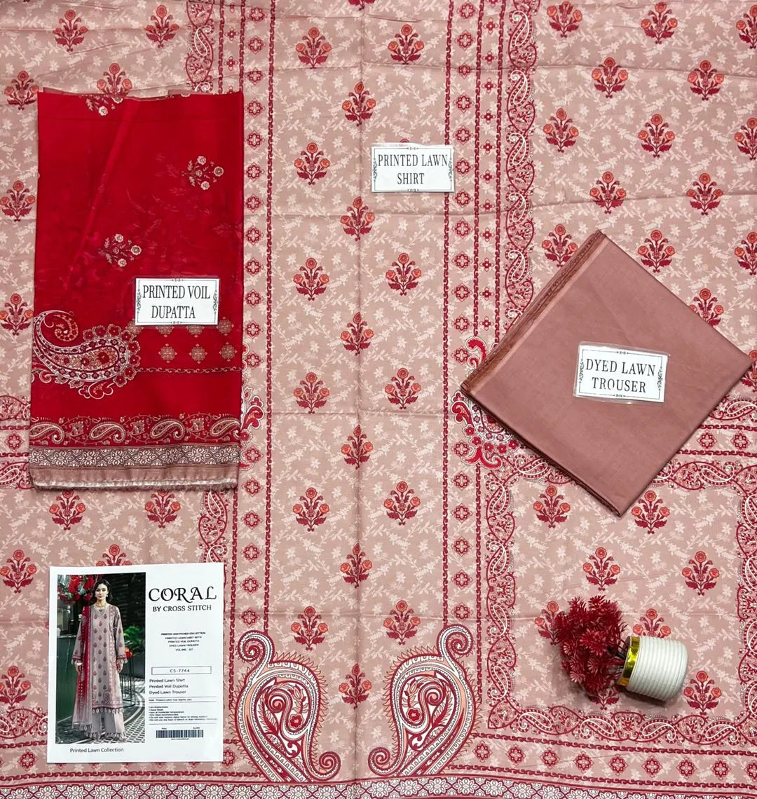stunning Peach Printed Lawn 3-Piece Set,