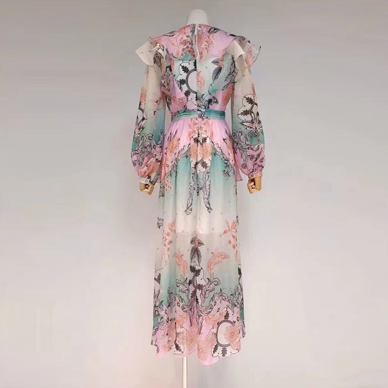 Runway Dress Women Summer Clothes Vintage Ruffles Floral Printed Lantern Sleeve Elegant Designer Brand Party Midi Dresses