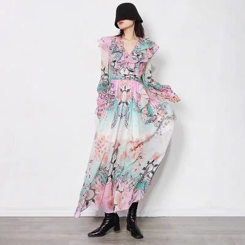 Runway Dress Women Summer Clothes Vintage Ruffles Floral Printed Lantern Sleeve Elegant Designer Brand Party Midi Dresses