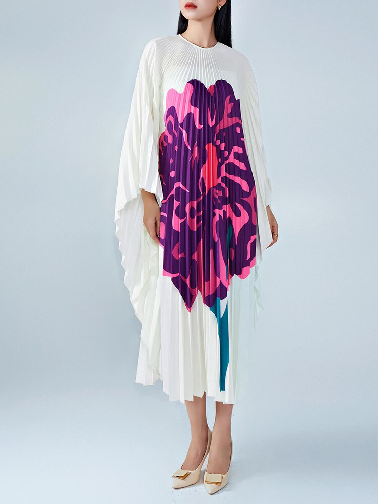 Printed Irregular Pleated Dress For Women Round Neck Batwing Sleeves Designer Dresses Casual Summer New 2YA3393