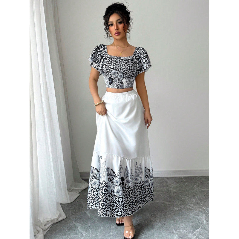 Elegant Summer Holiday Style Printed A-Line Dress Set for Women