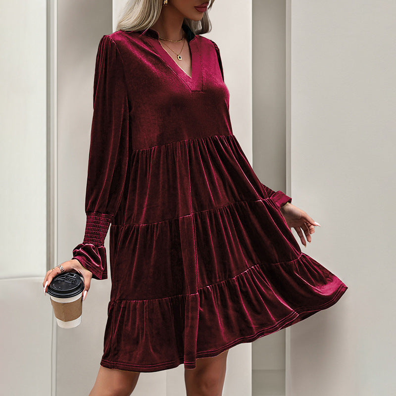 Long Sleeve Spliced Dress Evening Dress Velvet Dress