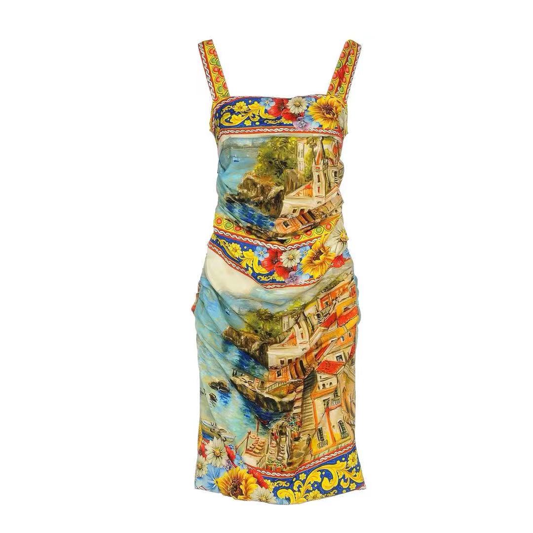 Vintage Painting Floral Printed Camisole Dress Women High Street Designer Fashion Sexy Bodycon Dresses