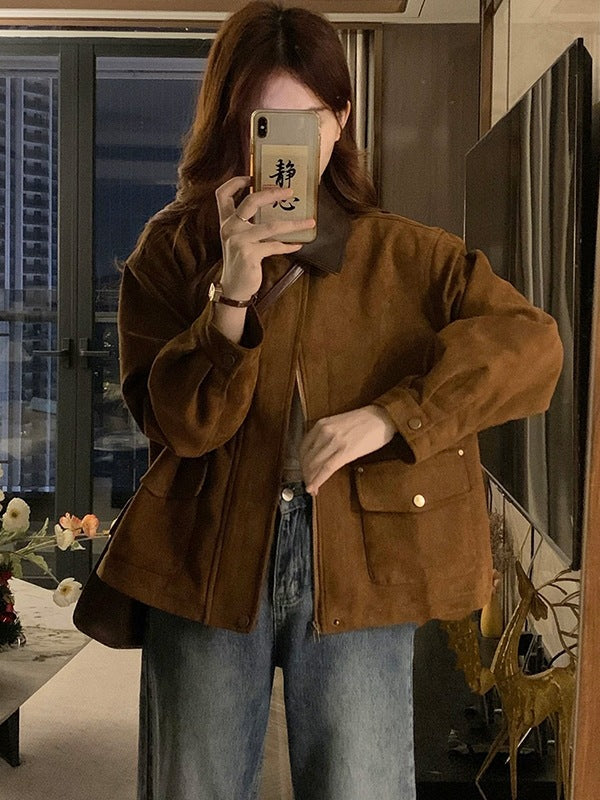 Chic Melange Brown Suede Jacket, Casual  Short Top