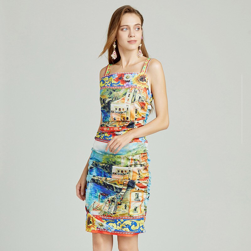 Vintage Painting Floral Printed Camisole Dress Women High Street Designer Fashion Sexy Bodycon Dresses