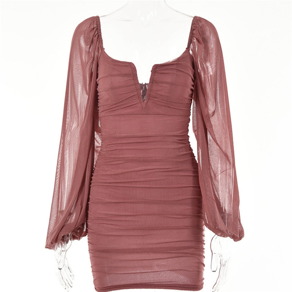 Temperament V-neck low-cut short skirt Summer hot sale new fashion lantern sleeve backless dress