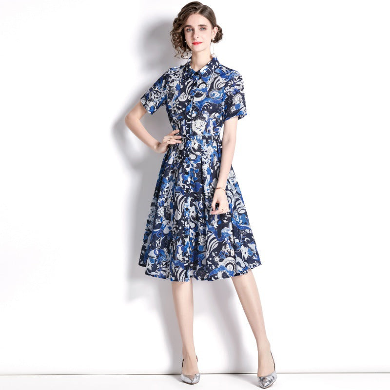 Blue Floral Printed Blouse Dress Women Turn-Down Collar Casual Short Sleeve High Waist Designer Traf Midi Dresses Party Clothes