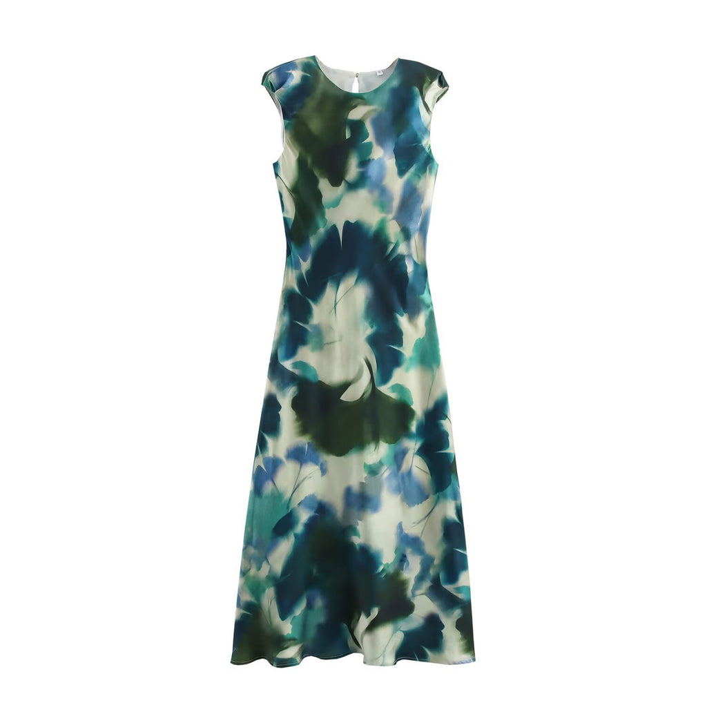 Summer fashion temperament silk texture printed MIDI dress for women