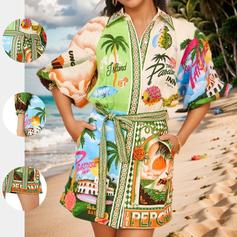 Women's Dress Printed Shirt Dress Casual Versatile Open Front Dress