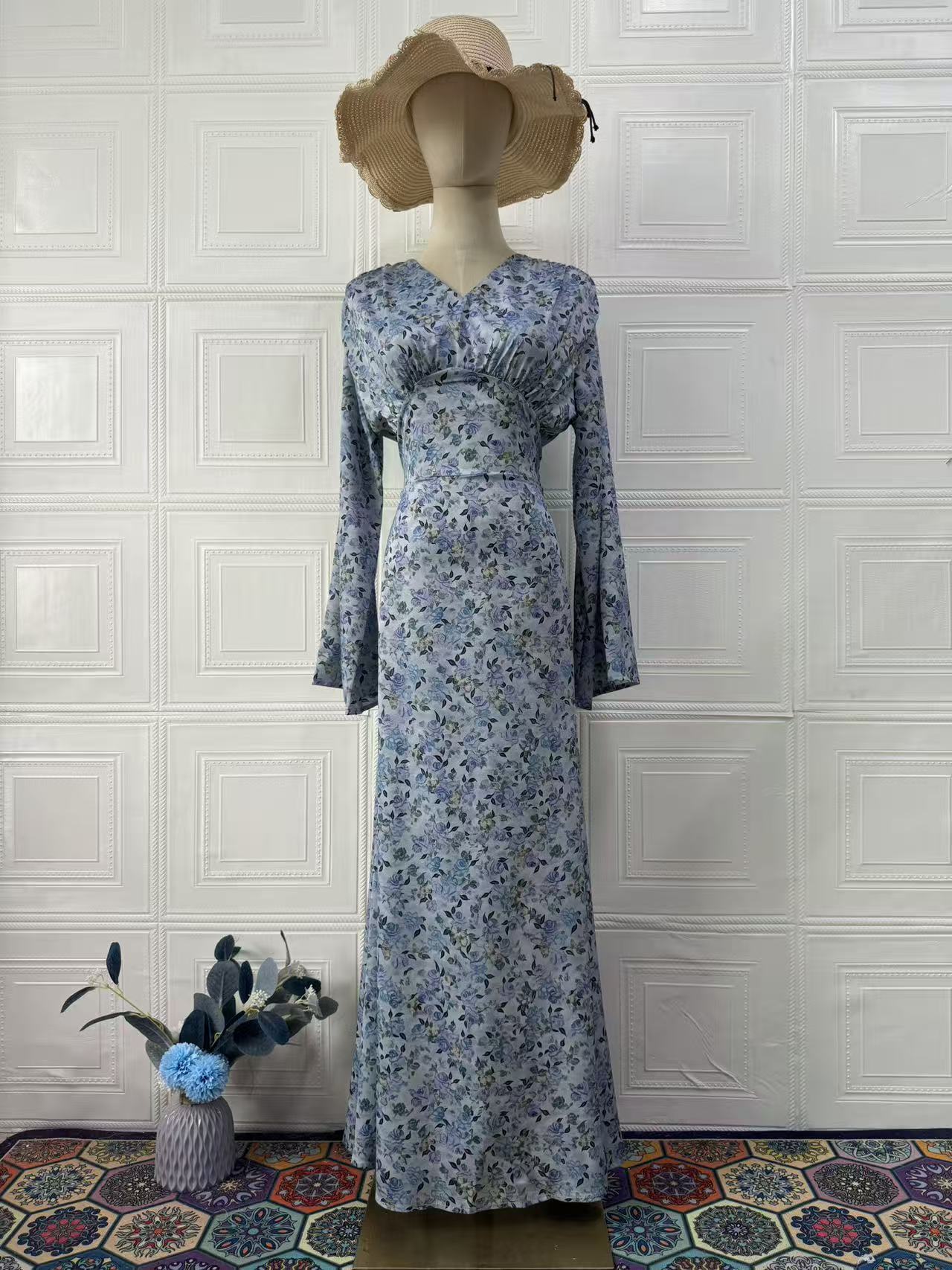 Elegant Soft Floral Summer Long Sleeve Maxi Dress for Women
