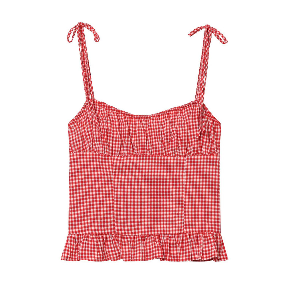 Round neck plaid pleated camisole top