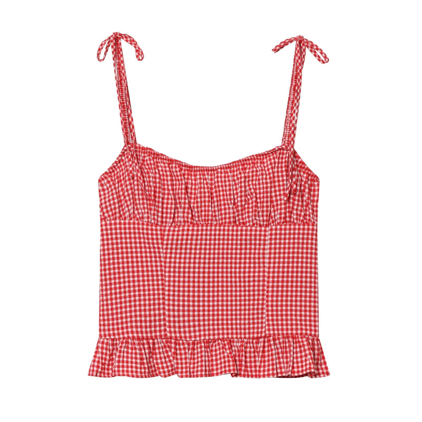 Round neck plaid pleated camisole top