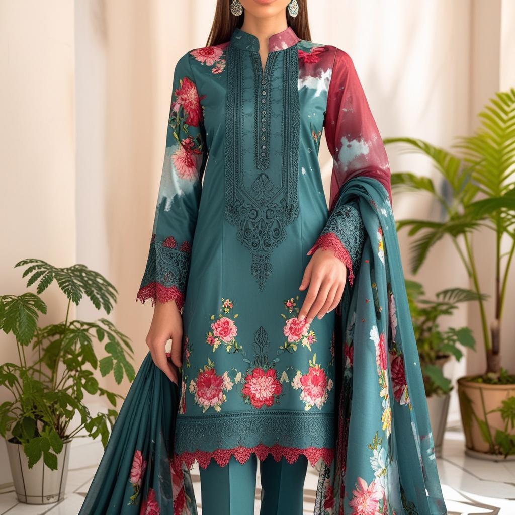 "Elegant Floral Embroidered Lawn 3-Piece Unstitched Suit with Chiffon Dupatta | Summer Collection"