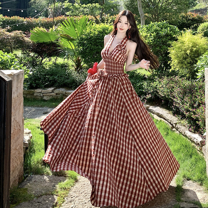 Plaid Vacation Handmade Flower Tie Strapless Dress for Women Spring Summer